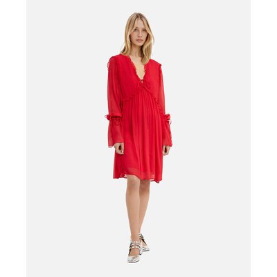Uitlopende korte jurk met ruches, V-hals en lange mouwen THE KOOPLES