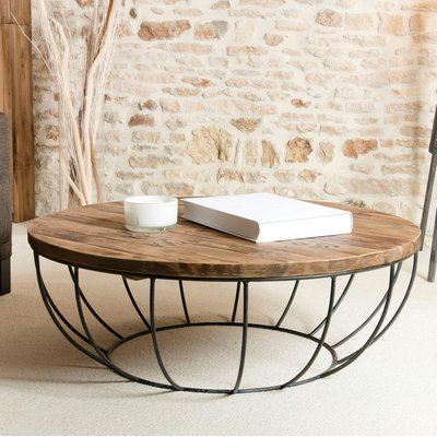 Table basse ronde 100cm teck recyclé et métal noir style contemporain industriel SWING PIER IMPORT