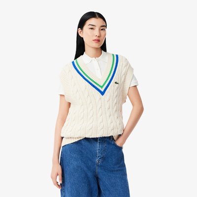 Pull sans manche torsadé coton col V LACOSTE