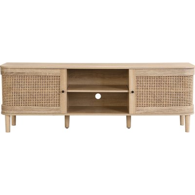 Meuble TV 2 portes couleur chêne et cannage - BALI HOMIFAB