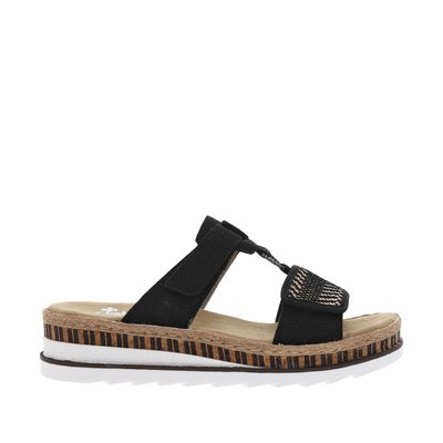 Sandales noires à semelle compensée cordée et à bandes auto-agrippantes RIEKER