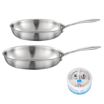 Lot de 2 poêles inox 24 et 28cm, 1 pierre d'argent® citron 300 g (entretien de l'inox) - GOURMET CUISINOX