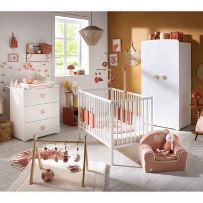 Chambre bébé complète Basic, Lit 120x60 tout barreaux, Commode à langer 3 tiroirs et Armoire 2 portes - boutons boule BABY PRICE