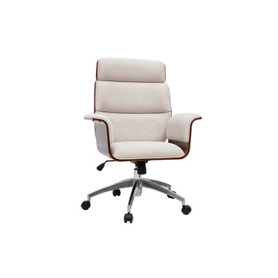 Fauteuil de bureau à roulettes design en tissu effet velours texturé beige, bois foncé et acier chromé ELON MILIBOO