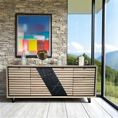 Enfilade 4 portes chêne blanc décor graphique ESSEN PIER IMPORT