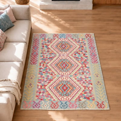 Tapis kilim au motif ethnique, tissé à plat en laine naturelle UN AMOUR DE TAPIS