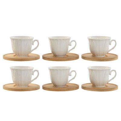 Set de 6 tasses en porcelaine blanche et sous-tasses bambou 90ml WADIGA
