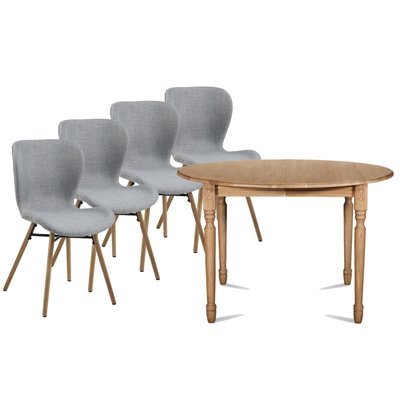 Table ronde extensible pieds tournés D105 + 4 chaises tissu - VICTORIA HELLIN, DEPUIS 1862