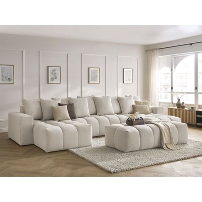 Canapé panoramique fixe 6 places en tissu chiné avec pouf, MONT-BLANC BOBOCHIC