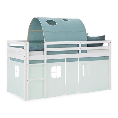Lit mi-hauteur 90x200 cm en pin massif avec tunnel et rideau vert HOMESTYLE4U