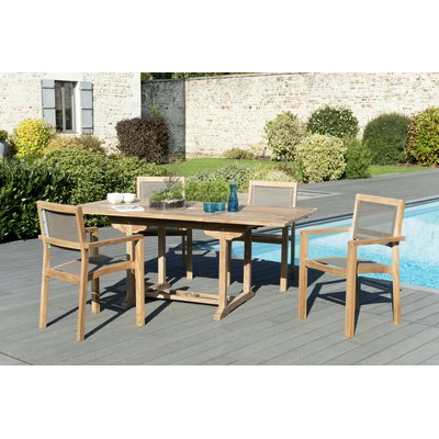 Salon de jardin bois de teck table de jardin extensible rectangulaire 120/180x90cm + 4 fauteuils empilables textilène SUMMER PIER IMPORT