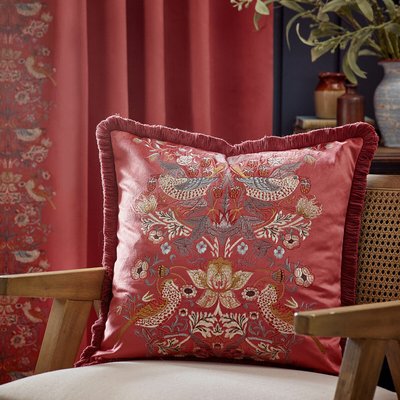 Strawberry Thief Embroidered Fringed Feather Filled Cushion MORRIS & CO.