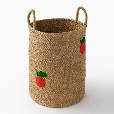 Panier tressé avec broderie pêche, D35 x H55, en jonc de mer MONOPRIX