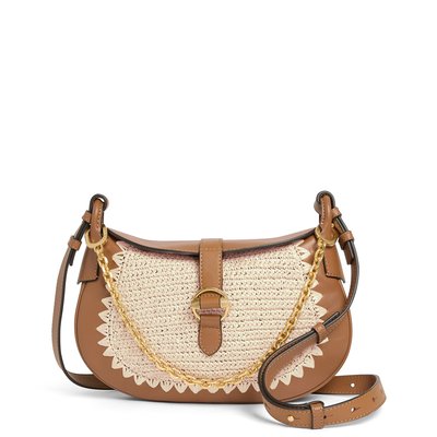 Sac bandoulière petit en effet raphia et cuir lisse PIA LE TANNEUR