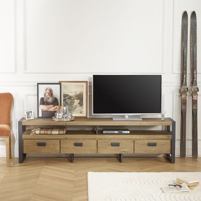 Meuble tv en pin et métal 2 tiroirs JACK ROBIN DES BOIS
