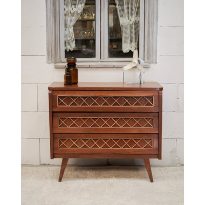 Commode en bois et rotin Olga N°1093 - Bon état DEBONGOUT
