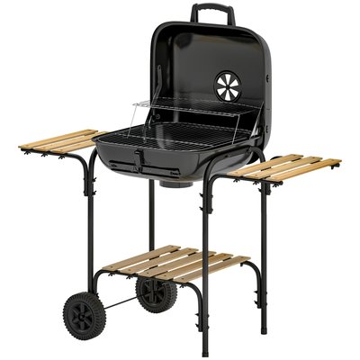 Barbecue charbon de bois couvercle 2 roues grilles acier chromée OUTSUNNY