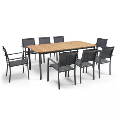 Salon de jardin table en aluminium/teck et 8 fauteuils, TEMPA OVIALA