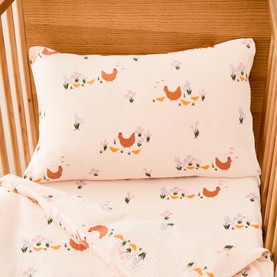 Funda de almohada para bebé, gasa de algodón orgánico, estampado de gallinas, POULETTE LA REDOUTE INTERIEURS