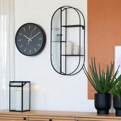 Etagère murale design en métal noir forme arrondie avec paroi verre TALLINN PIER IMPORT