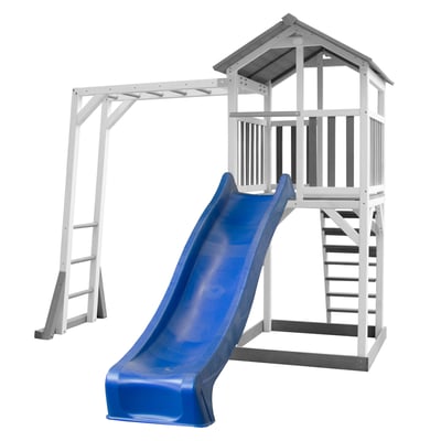 AXI Structure de jeu Beach Tower Gris Blanc avec cadre d'escalade et toboggan Bleu AXI HOUSE