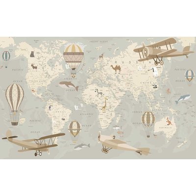 Tableau enfant carte du monde avions et montgolfières - 80x50 cm HEXOA