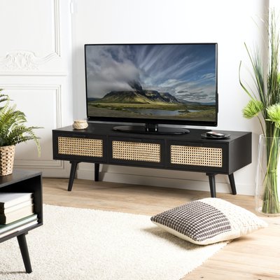 Meuble TV 120cm en bois noir avec cannage rotin 3 tiroirs style contemporain PALMA PIER IMPORT