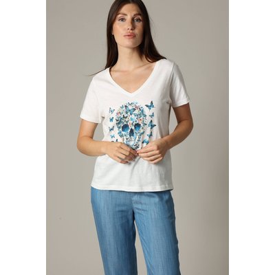 T-shirt femme 100% coton à manches courtes et col v avec motif imprimé glitter BUTTERSKULL DEELUXE