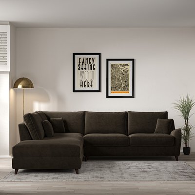 Amelia Textured Velvet Corner Sofa & Modular Footstool Set with Dark Wood Legs (Left Facing) SO'HOME