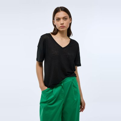 T-shirt col V uni en lin MONOPRIX