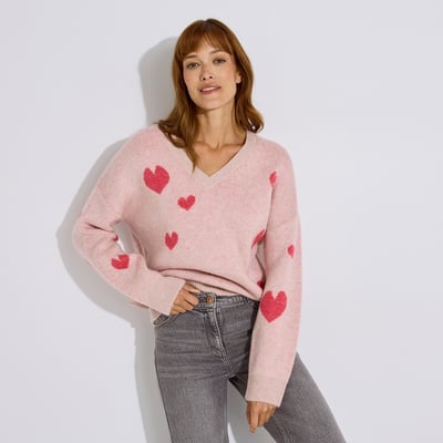 Pull col V à motif coeurs GRAIN DE MALICE