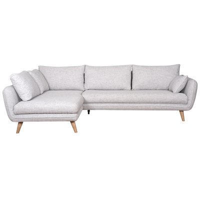 Canapé d'angle gauche scandinave 5 places en tissu gris clair chiné et bois clair CREEP MILIBOO