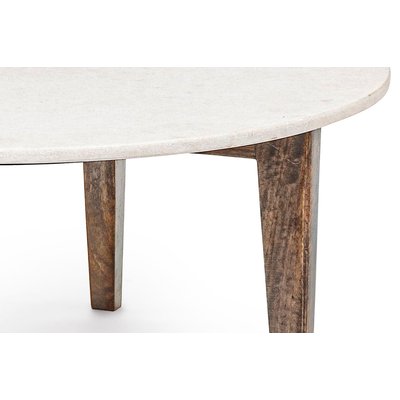 Table basse ronde vintage en manguier et marbre blanc L75 - BLANY HELLIN, DEPUIS 1862