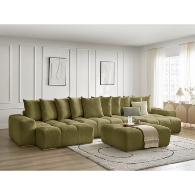Canapé panoramique convertible 6 places en tissu texturé avec pouf, ANAKIN BOBOCHIC
