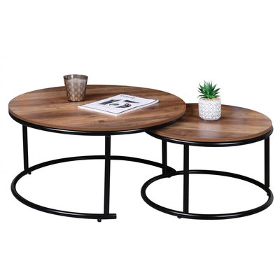 Set de 2 Tables Basses Rondes Gigognes en Bois et Métal Noir WADIGA