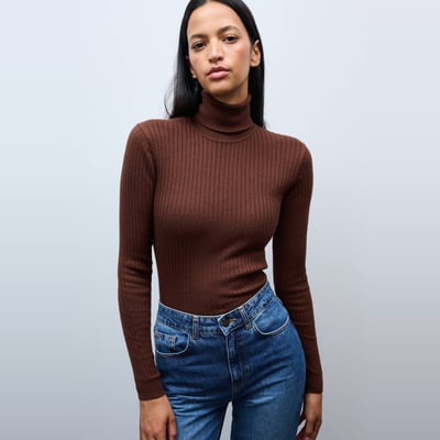 Pull col roulé à côtes uni en coton et cachemire mélangés MONOPRIX