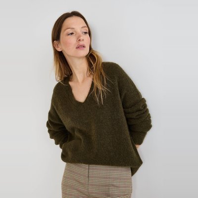 Pull col V uni contenant de l'alpaga MONOPRIX