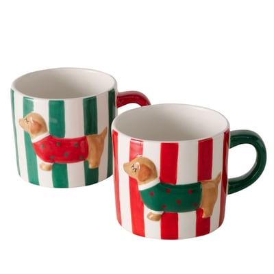 Set de 2 tasses en céramique rayées rouge et vert chiens 500ml WADIGA