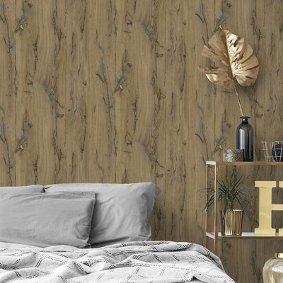 Papier peint trompe œil mur de bois HEXOA