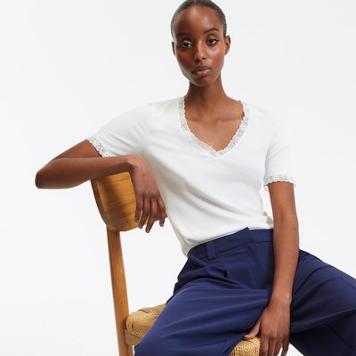 V-Neck T-Shirt with Lace Panels and Short Sleeves LA REDOUTE COLLECTIONS