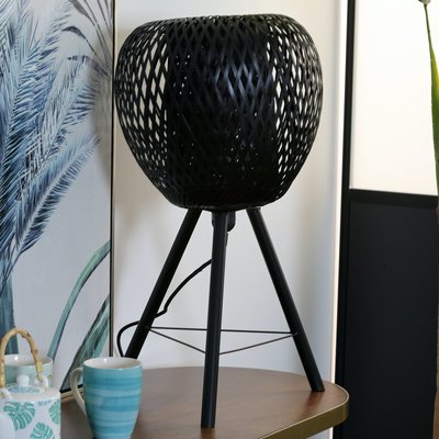 Lampe forme Pomme en bambou ajouré noir et pieds métal D33xH59cm PIER IMPORT