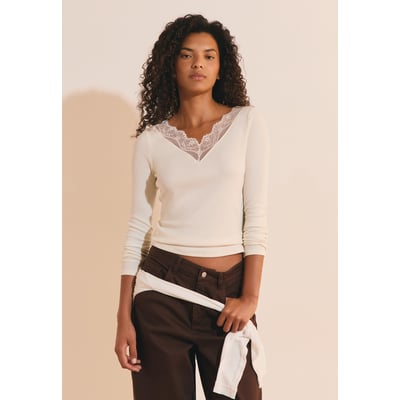 T-shirt col V avec dentelle en coton ALFRED TS V ETAM