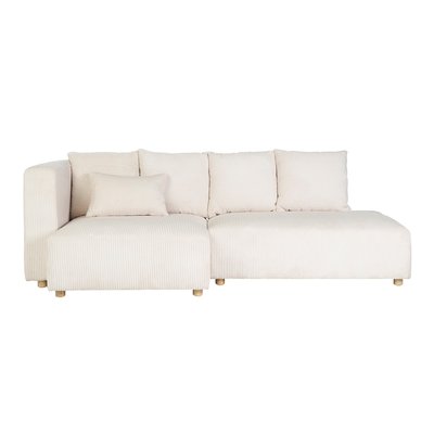 Canapé d'angle gauche 3 places en tissu velours côtelé beige et bois clair HARLEM MILIBOO