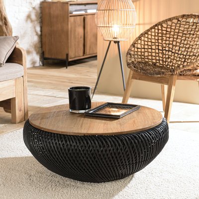 Table basse coffre ronde rotin noir et teck recyclé 81 cm SWING PIER IMPORT