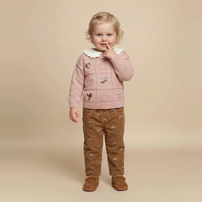 Pantalon taille élastique en velours brodé en coton BIO GOTS BOUT'CHOU