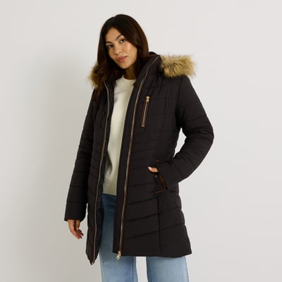 Doudoune Longue Femme Déperlante Avec Capuche Amovible - Coupe Longue, Capuche Fourrure Imitation - Zip Et Poches Zippées