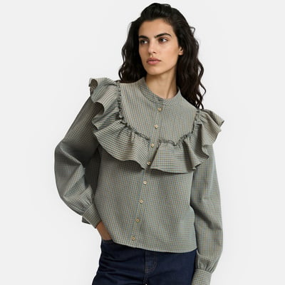 Checked Ruffled Crew Neck Shirt LA REDOUTE COLLECTIONS