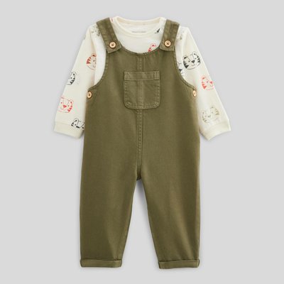 Ensemble t-shirt manches longues imprimé et salopette longue unie en coton BIO GOTS BOUT'CHOU