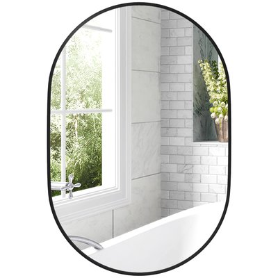 Miroir mural ovale dim. 60L x 90H cm cadre arrondi alu. noir HOMCOM