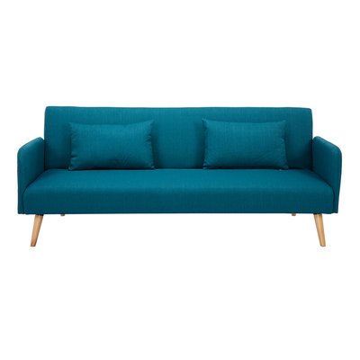Canapé convertible scandinave 3 places en tissu bleu canard et bois clair LULA MILIBOO